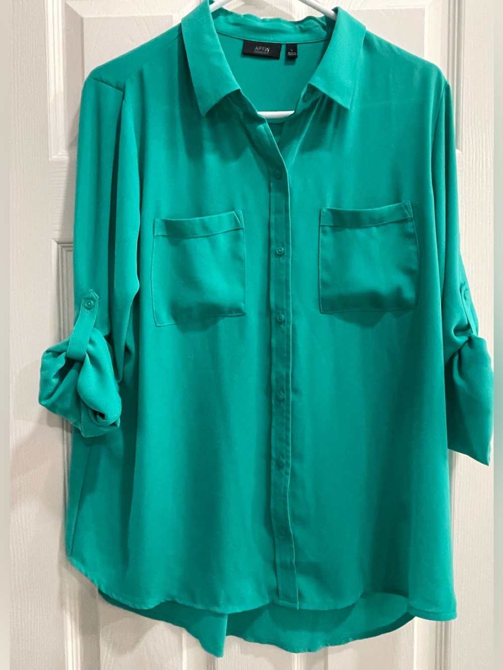 Apt. 9 Essentials Vibrant Ladies Teal Green Collared Dual Sleeved Blouse Sz L